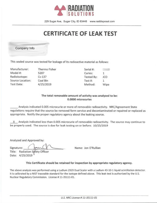 Leak Test Kit for Fixed Nuclear Gauges